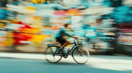 Blurry image of a man cycling on a bike through an undefined background.