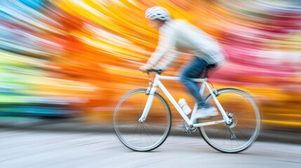 A man rides a bike against a vibrant, colorful wall backdrop.
