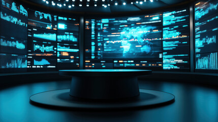 Fototapeta premium A Podium with a Glossy Black Surface, Large Digital Screens Showing Dynamic, Colorful Data Streams Futuristic, Cyberpunk-Inspired Environment, Ideal for Innovative Products or Smart Devices copy space