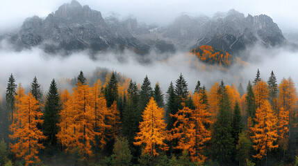 Breathtaking panoramic view of majestic mountains adorned with vibrant autumn foliage A sense of serenity renewal and change as golden leaves contrast with crisp blue skies evoking wonder and tranquil