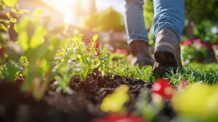 Fototapeta premium Closeup view of hands of gardener working in field planting flowers.