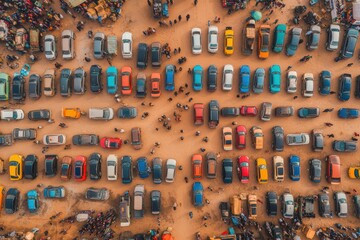 Fototapeta premium A vibrant parking lot showcasing a variety of colorful cars parked in neat rows.