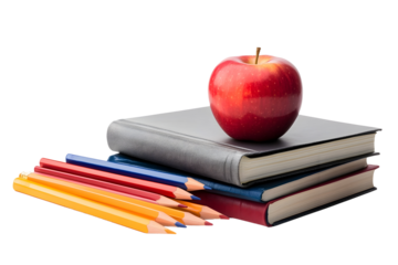 Red Apple Textbooks and Colored Pencils on Desk   Education Learning and Knowledge Concept