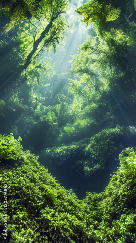 Poster sunbeams are illuminating the vegetation of a lush green underwater forest creating a magical atmosp