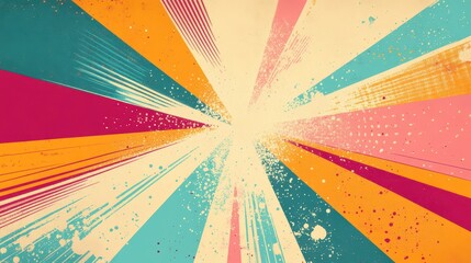Retro pop-art wallpaper with sharp bursts halftone overlays and a vibrant cyan and magenta palette