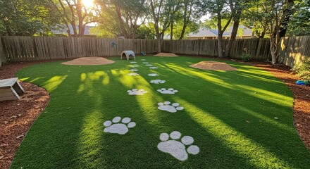 Dog Play Area with Paw Print Paths Backyard Artificial Turf Sunny Day