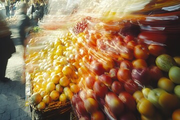 A vibrant market scene showcasing an array of fresh fruits and vegetables for sale.