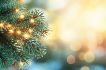 Close-up view of a pine tree adorned with sparkling lights for a festive atmosphere.