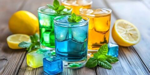 Fototapeta premium Refreshing Summer Drinks, Iced Blue, Green, Orange Beverages with Mint and Lemon