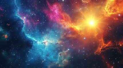 Fototapeta premium Wallpaper featuring a neon-hued nebula with halftone textures and retro starbursts