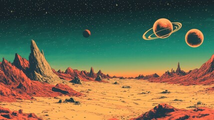 Naklejka premium Wallpaper featuring a surreal planetscape with glowing skies and vintage comic textures