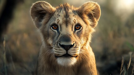 Fototapeta premium Curious Lion Cub with Bright Eyes / 明るい瞳の好奇心旺盛なライオンの子