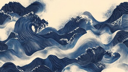 Wallpaper of a surreal comic wave pattern navy blues fading into halftone textures and grainy print