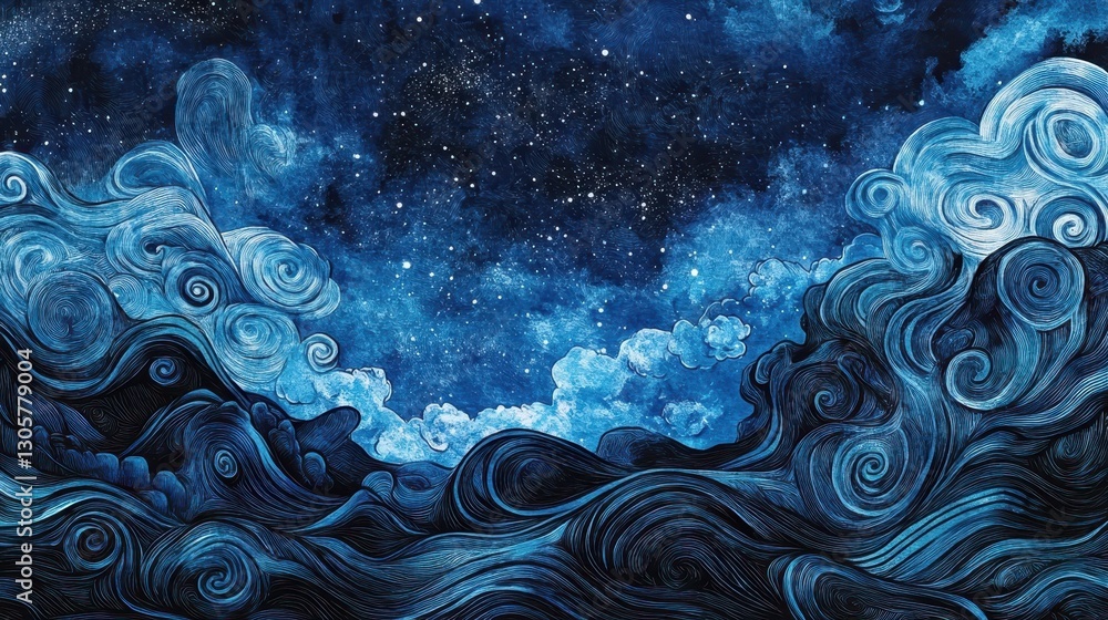 Canvas Prints backdrop of cosmic ocean fusion with swirling waves and deep blue halftones blending into space