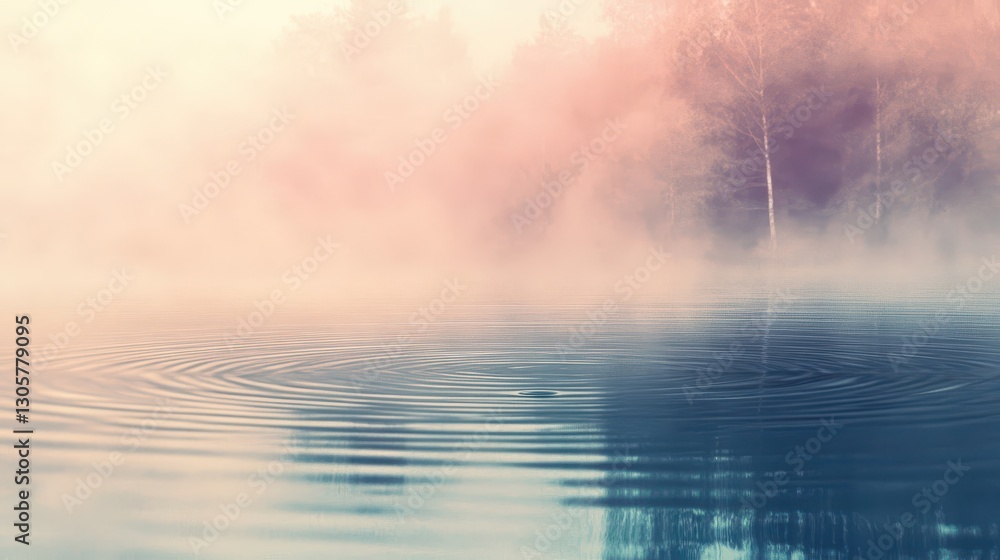 Wall mural backdrop of raindrop patterns forming ripples on a misty lake soft pastels blending with vintage ink