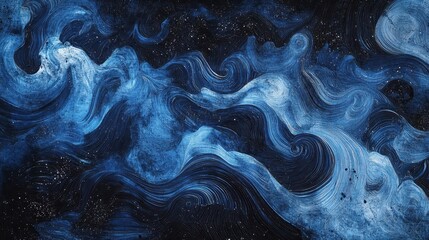 Backdrop of cosmic ocean with deep blue halftones and swirling waves meeting a starry night sky