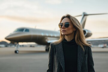 Businesswoman wearing sunglasses standing near private jet at airport