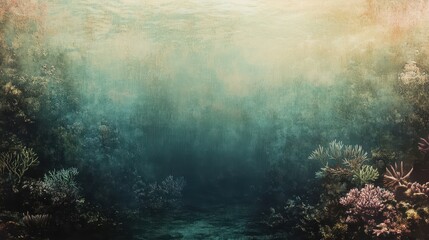 Fototapeta premium Underwater coral landscape with soft ink washes muted cyan and sea-green tones blending in a nostalgic style