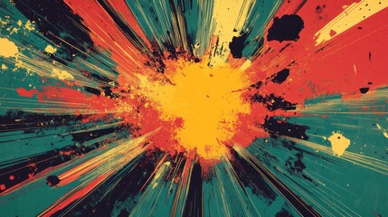 Comic explosion with exaggerated impact lines and halftone shading in bright cyan red and yellow hues