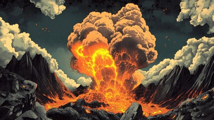 Volcanic eruption in vintage pulp comic style with inked lava bursts and glowing orange smoke distressed textures for a retro feel
