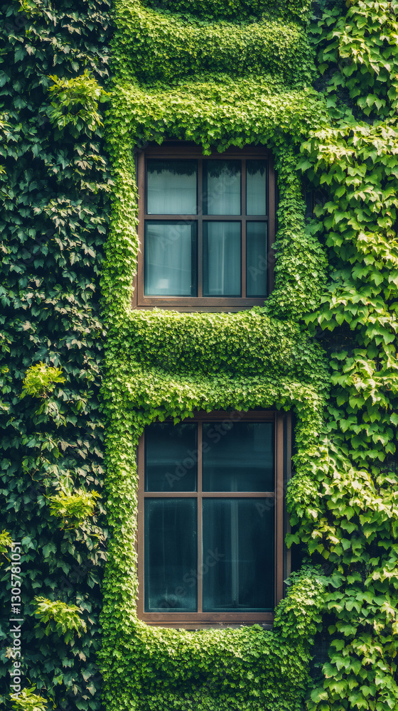 Poster verdant ivy climbing weathered building wall, draping over windows and weaving lush green architectu