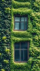 Verdant ivy climbing weathered building wall, draping over windows and weaving lush green architectural backdrop