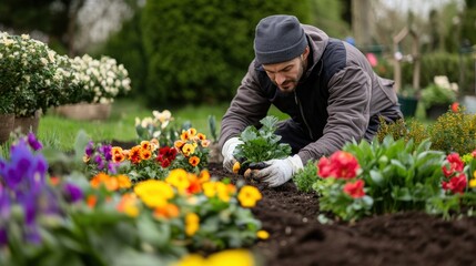 Gardener working in garden in Spring.