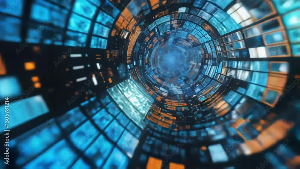 Poster glowing orange and blue screens rotating within digital tunnel, generating mesmerizing flow of techn