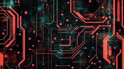 Wallpaper showcasing a stylized futuristic circuit with neon colors and halftones