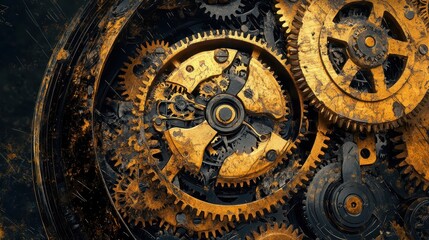 Backdrop of intertwined gears with comic ink strokes and distressed textures