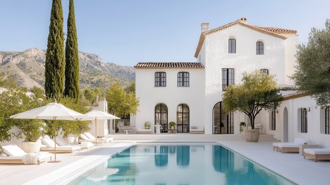 A luxurious white villa with an inviting pool, framed by cypress trees, embodies Mediterranean elegance under a clear blue sky.
