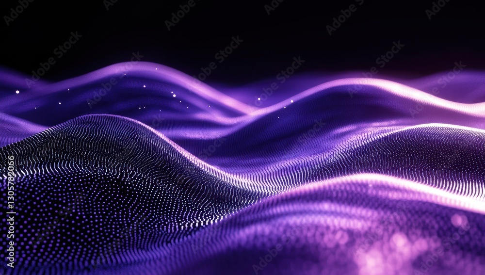 Poster abstract purple waves with dots and light reflections on dark background for modern and technology t