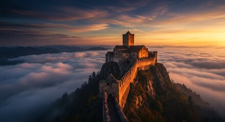 Obraz premium Majestic Medieval Castle on Mountain Peak Above Clouds at Sunrise