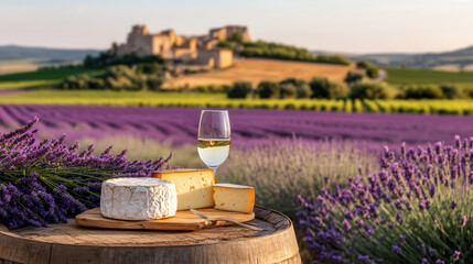 Fototapeta premium A serene vineyard sunset is accompanied by cheese, wine, and lavender, creating a picturesque French countryside experience.