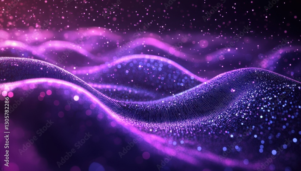 Poster abstract purple waves with sparkling particles, creating a dreamy and ethereal atmosphere, perfect f