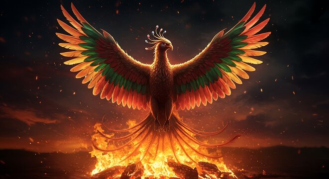 Majestic Phoenix Rising From Flames with Vivid Colors and Dramatic Lighting