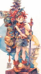 Fototapeta premium アドベンチャーガール、水彩イラストで描かれた旅装備の少女が冒険の旅へと向かうファンタジーアート。スマートフォン9:16のアスペクト比