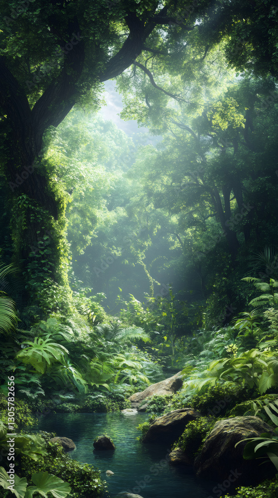Poster sunbeams illuminate a tranquil stream flowing through a lush, green rainforest, creating a serene an
