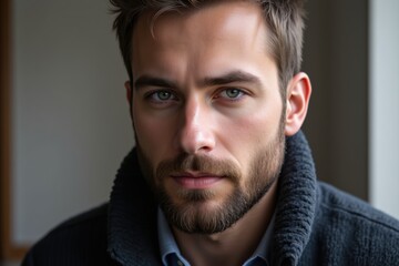 Obraz premium Portrait of a Young Caucasian Male with Short Brown Hair and Blue Eyes in a Casual Gray Sweater, Capturing Intense Expression and Natural Light
