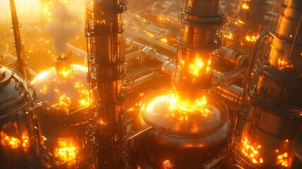 Obraz premium Industrial fire at sunset refinery