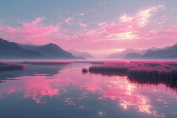 Fototapeta premium Ethereal Pink Glimmering Light Reflections in a Tranquil Abstract Landscape