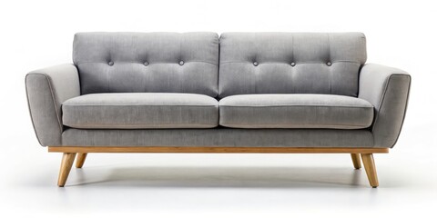Fototapeta premium Grey Fabric Sofa Wooden Legs White Background - Modern Minimalist Living Room Furniture Photography