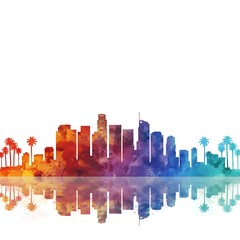 Obraz premium Watercolor Illustration of Palm Trees and City Skyline. 