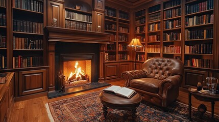 Cozy Library Fireplace And Leather Chair Room