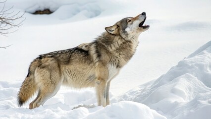 Fototapeta premium Howling Wolf in Snowy Wilderness - Winter Wildlife Photography - Majestic Arctic Animal Image