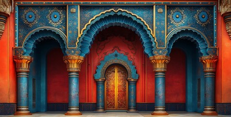 Ornate Blue and Gold Arches with Red Backdrop and Detailed Door

