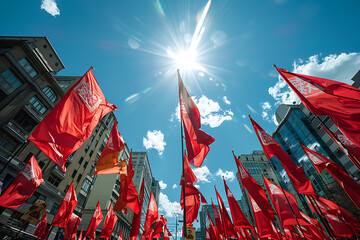labor rights movement, may day skies brighten the streets, adorned with red banners and unity messages, as workers rights are chanted and spirited signs wave