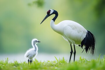 Crane and chick in meadow by water