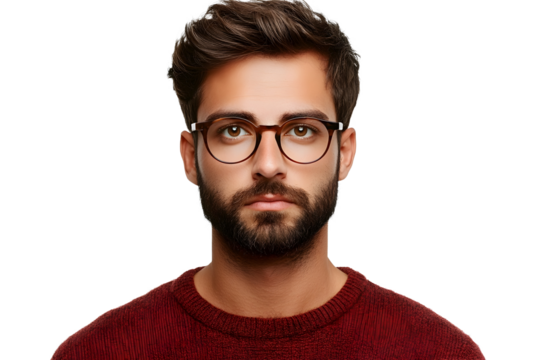 Thoughtful Bearded Man Wearing Eyeglasses and Maroon Sweater in Studio Portrait