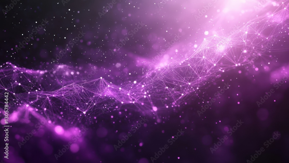 Poster abstract technology background with glowing purple particles and connected lines creating a sense of